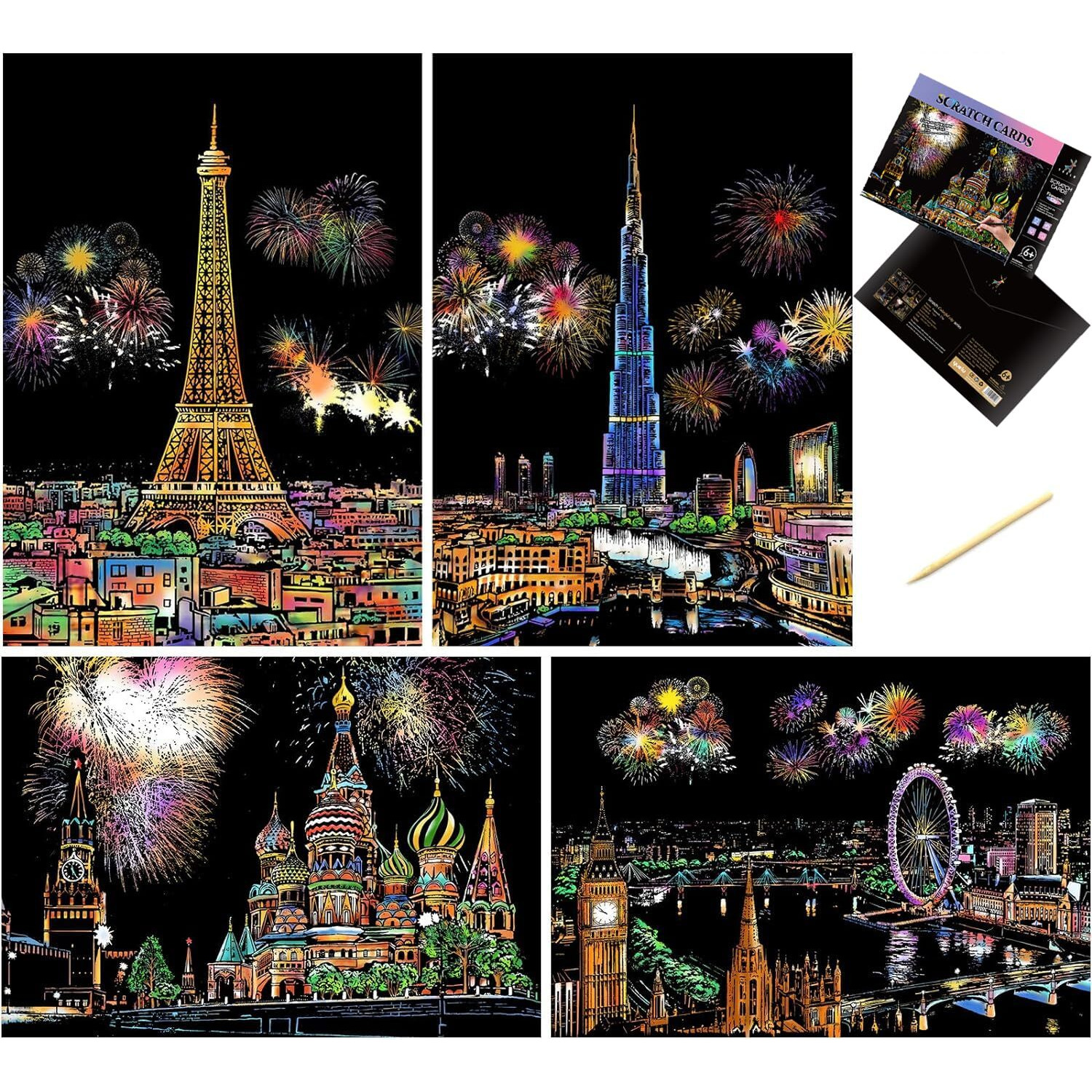Cityscape Scratch Art Sheets, City View Scratch Cards, A4 Size, Art Kit For Meditation, Rainbow Scratch Paper, Art And Craft For Adults And Kids, Women's Crafting Hobby, Gift For Girls And Women