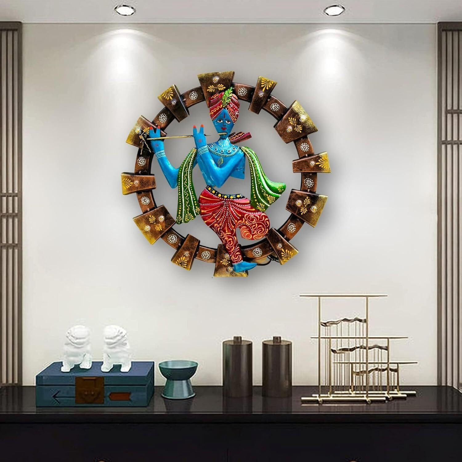 Anshika International Decorative Metal Krishna With Led Wall Art, Traditional Indian Design, Circular Frame With Floral Pattern, Multicolour