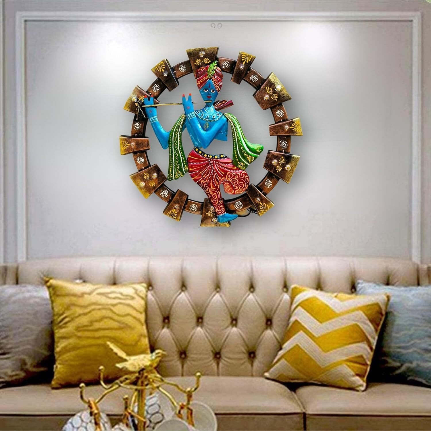Anshika International Decorative Metal Krishna With Led Wall Art, Traditional Indian Design, Circular Frame With Floral Pattern, Multicolour