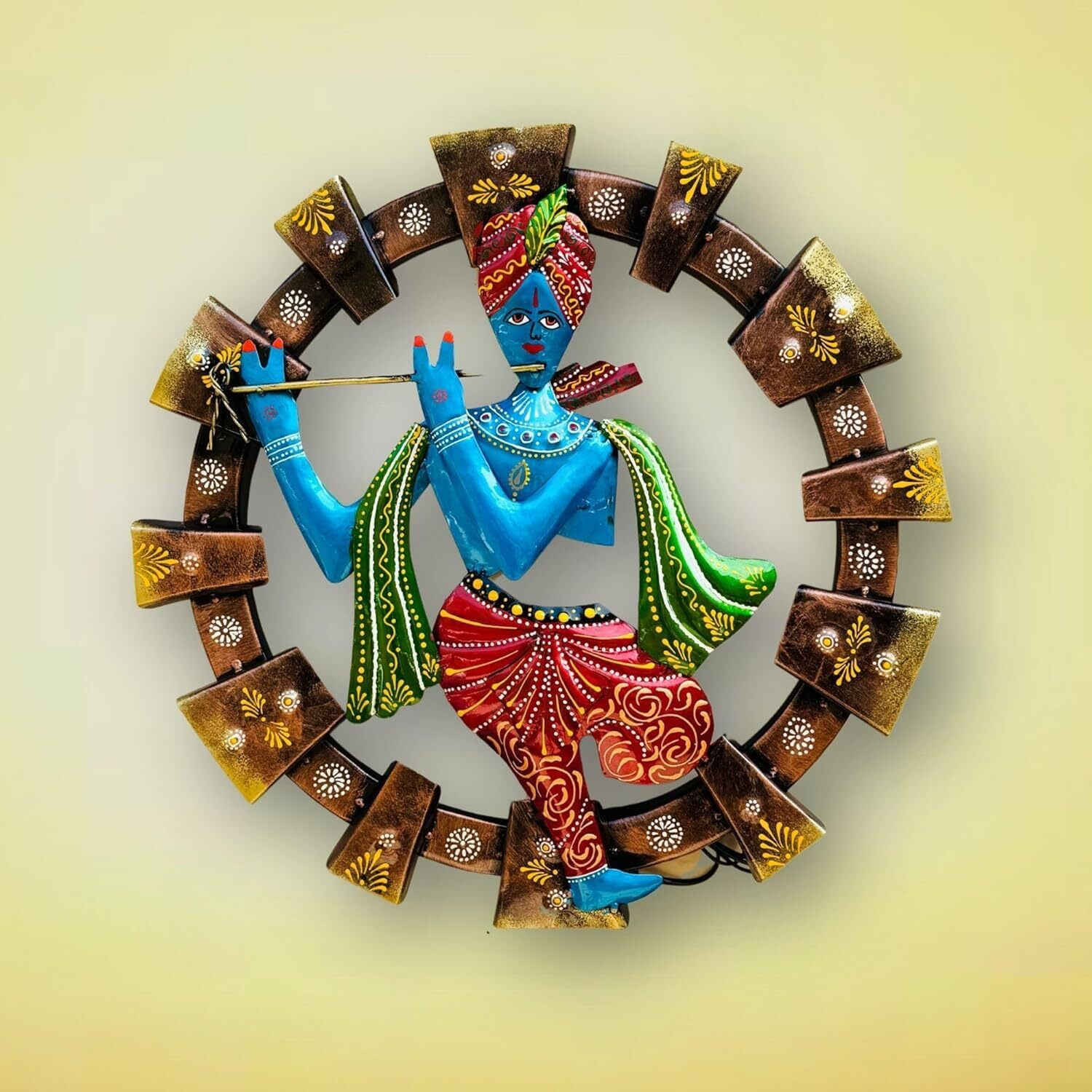 Anshika International Decorative Metal Krishna With Led Wall Art, Traditional Indian Design, Circular Frame With Floral Pattern, Multicolour