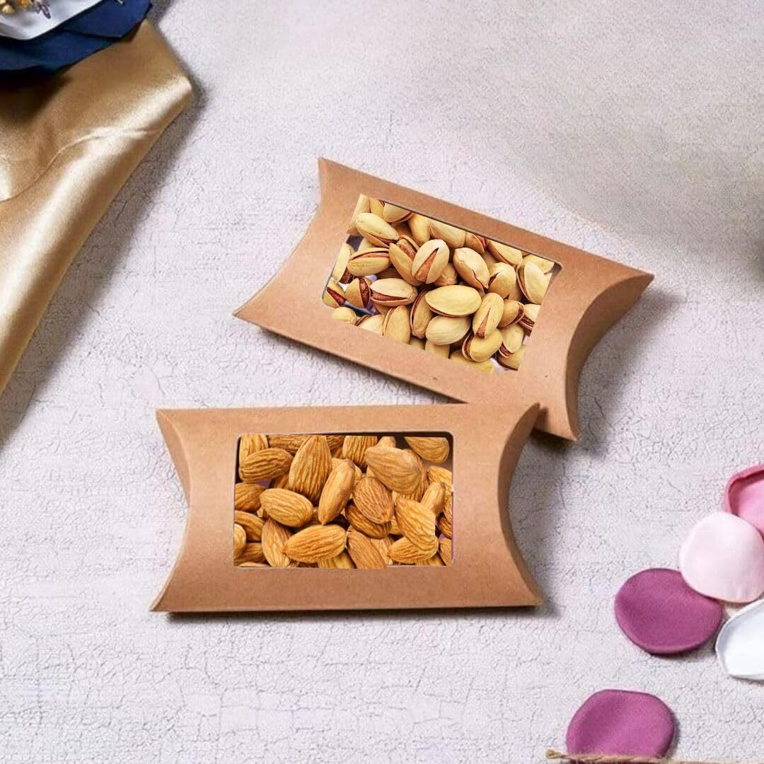 Satyam Kraft 20 Pcs Small Craft Paper Pillow Gift Boxes With Transparent Window | Ideal For Chocolates, Dry Fruits, Return Gifts, Festive Hampers, Rakhi, Rakshabandhan & Wedding Packaging