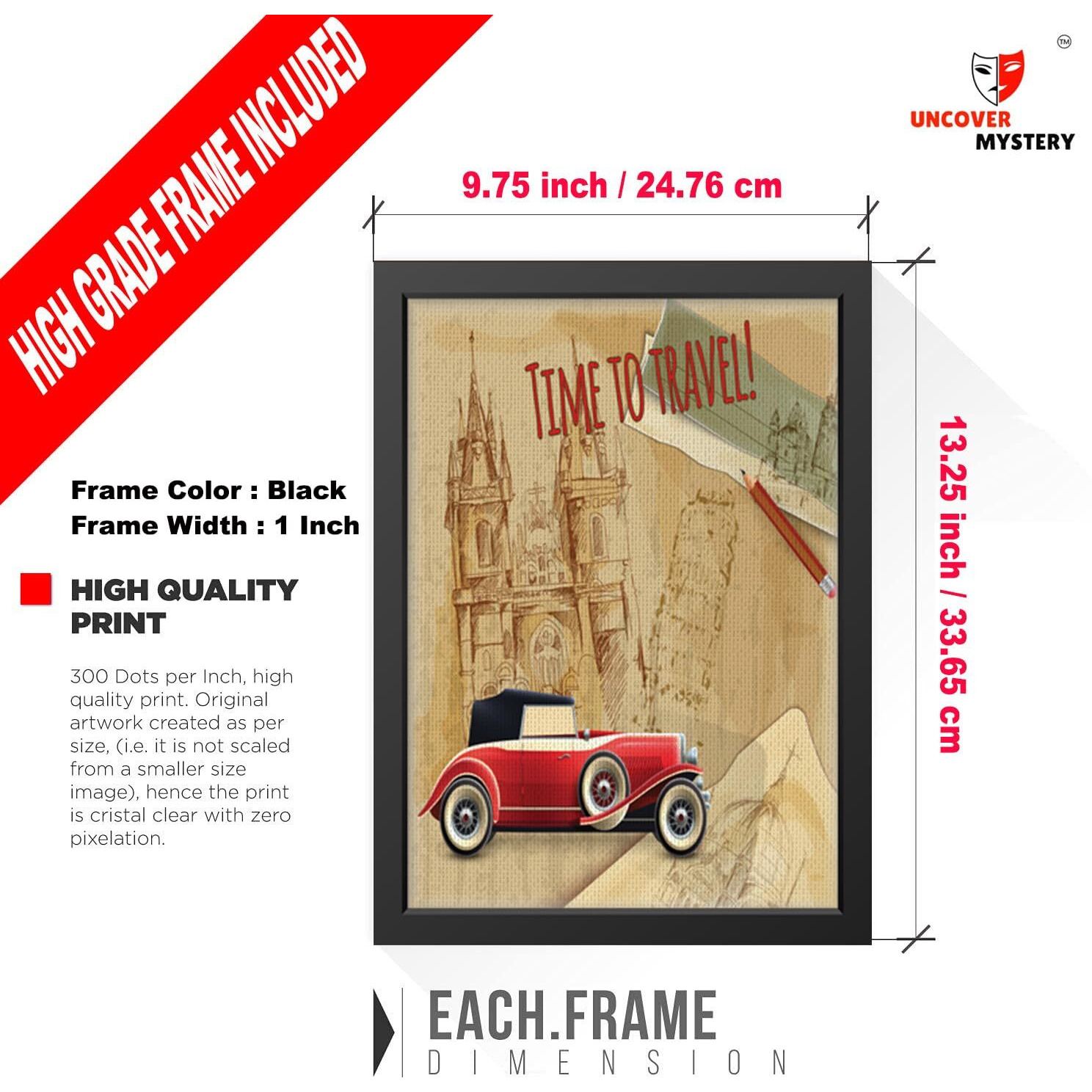 Uncover Mystery Vintage Car Print On Polyster Canvas Framed, Wall Art For Home, Office, Living Room Wall Decoration, (Size - 9.75 X 13.25 In), Frame Color  -Black-188