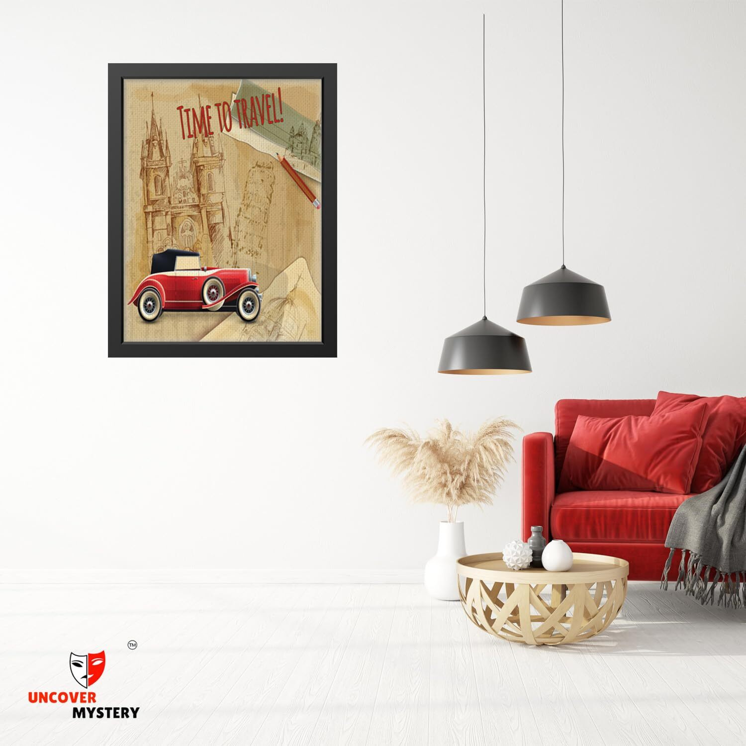 Uncover Mystery Vintage Car Print On Polyster Canvas Framed, Wall Art For Home, Office, Living Room Wall Decoration, (Size - 9.75 X 13.25 In), Frame Color  -Black-188