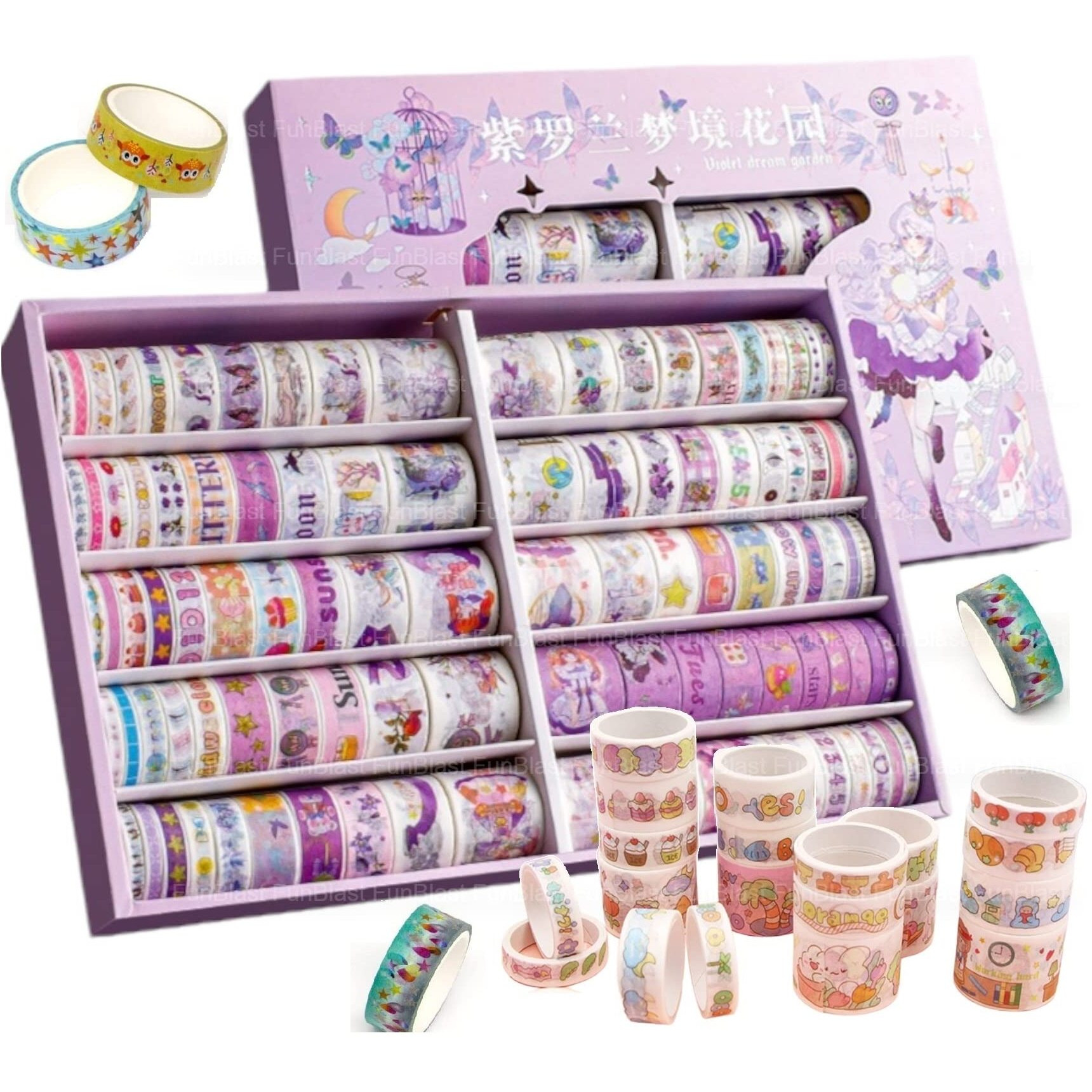 Funblast Washi Tape Set - 100 Pcs Set Cute Washi Tape Kit, Designer Decorative Masking Tapes For Diy Crafts Arts Scrapbooking Bullet Journal Planners, Stationary Items (Random Color And Design)