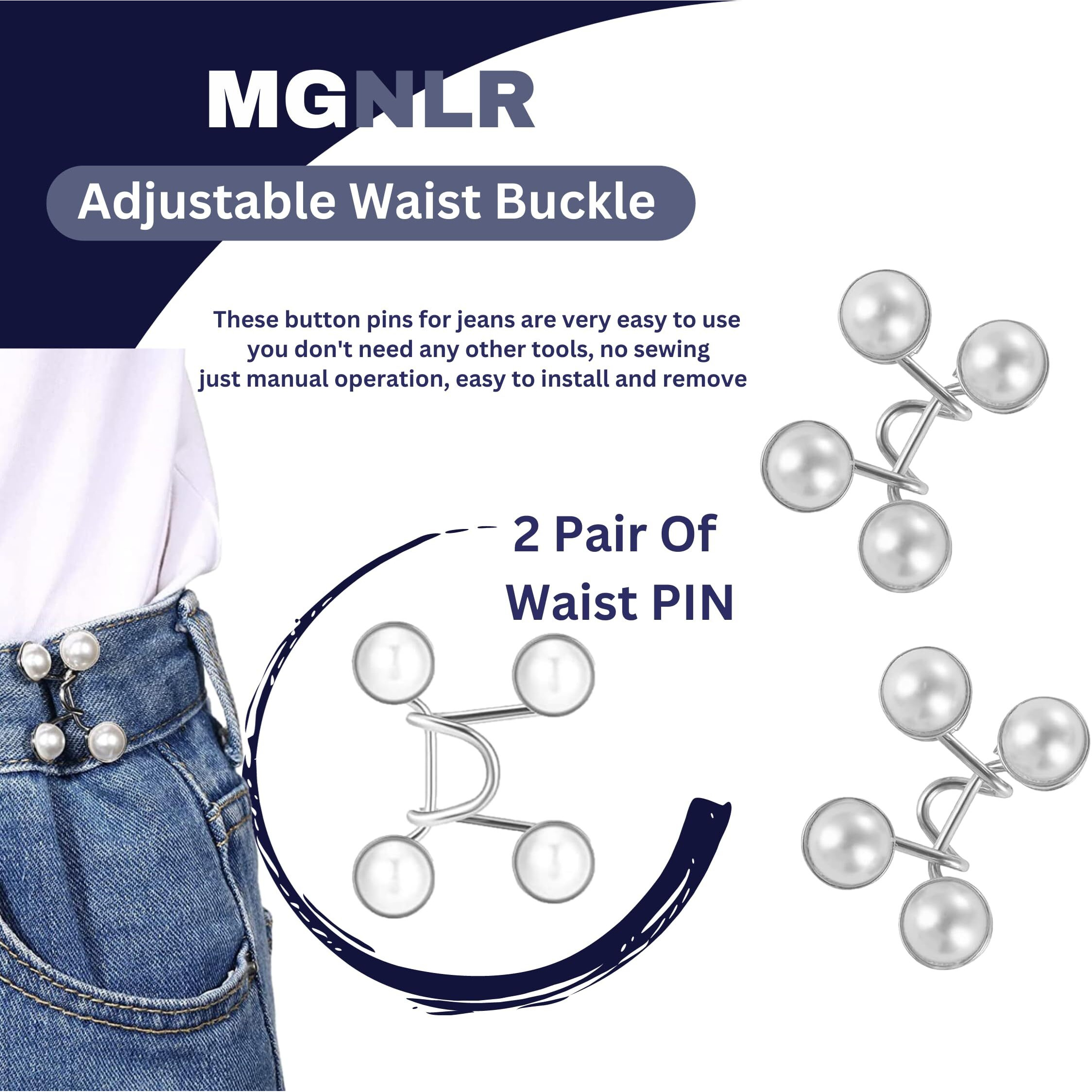 Instant Jeans Button Pins Waist Tightener Set, Make The Waist Fit For Skirt Pants Robe, No Sewing Required Adjustable Waist Buckle For Loose Jeans Pants (2Pcs White Waist Pin)