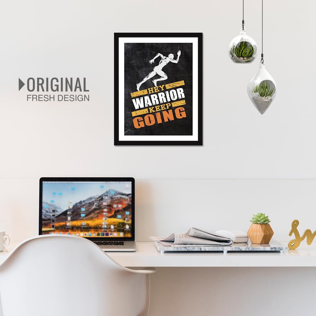 Chaka Chaundh Inspirational Wall Art For Office Quotes - Hey Warrior Keep Going Motivational Modern Office Decor Framed Art Poster Wall Dcor For Student & Entrepreneur - (14 X 11 Inches)