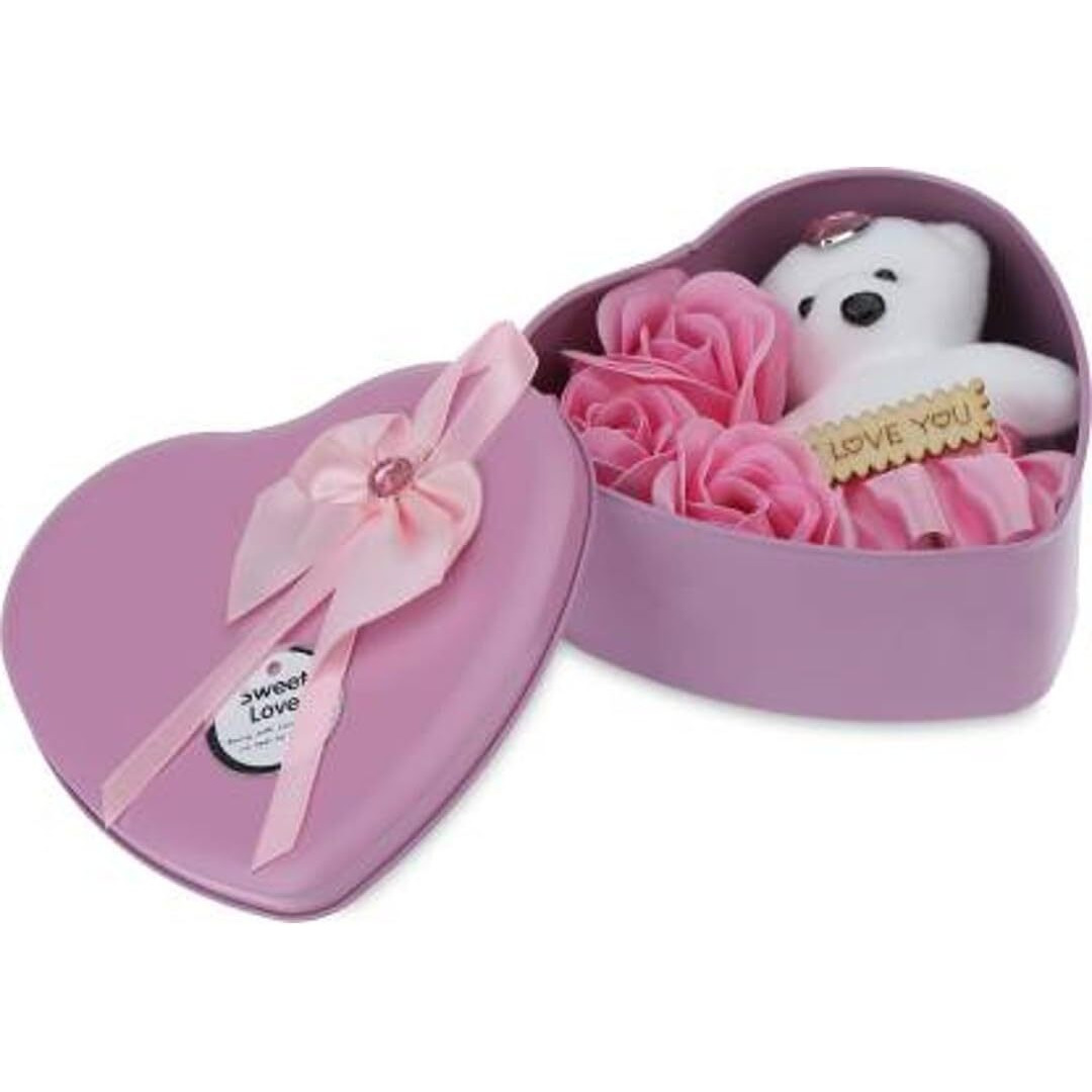 Tied Ribbons Valentine Gift For Girlfriend Boyfriend Husband Wife Him Her Birthday Wedding Anniversary - Heart Shape Box With Teddy And Red Rose Flowers Combo