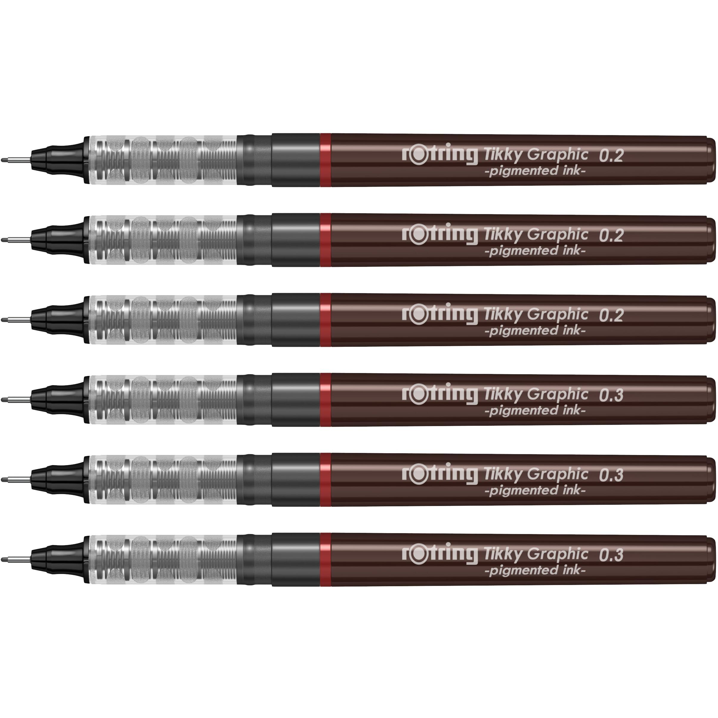 Rotring Tikky Graphic Pigment Liner 0.2Mm & 0.3Mm Pens - 3 Each With Black Pigmented Ink, Fibre Tip, 6 Pen Set For Art Drawings Mandala Calligraphy Outline Art & Craft