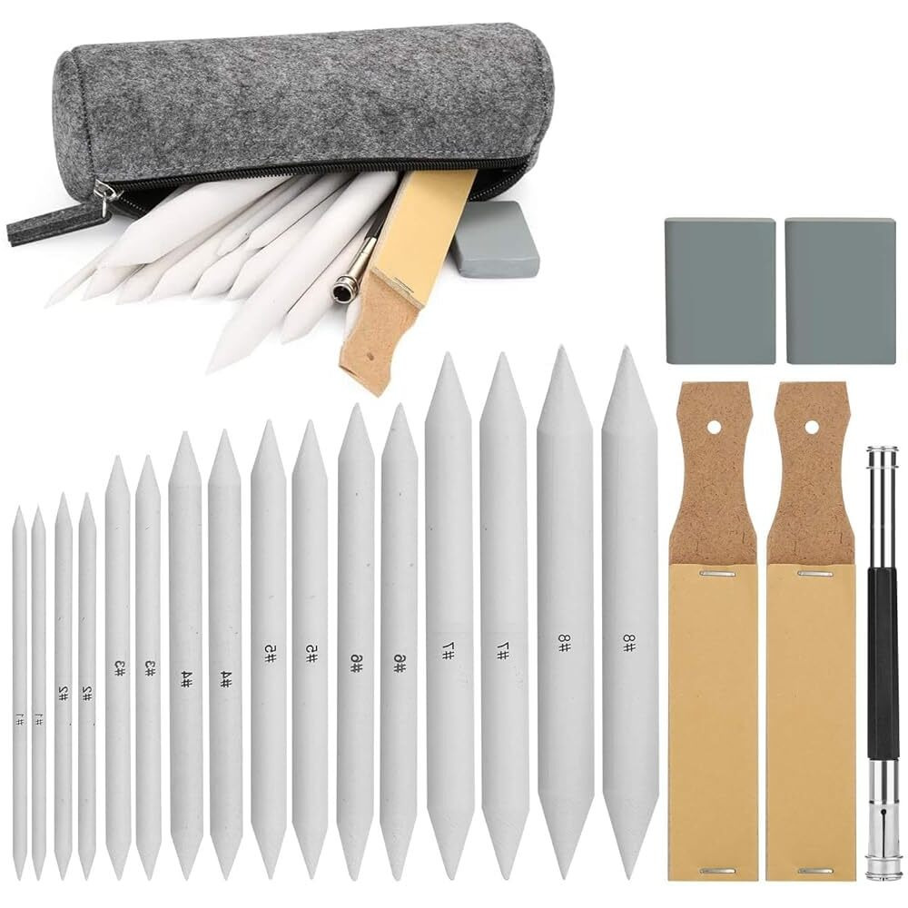 Hasthip 22Pcs Sketching Kit - Including 16 Blending Stumps Set With 2 Sandpaper Pencil Sharpeners, 1 Pencil Extension Tool, 2 Erasers & 1 Felt Bag For Student Sketch Drawing Accessories