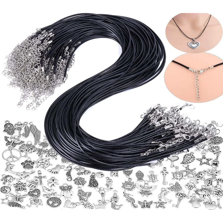 Diy Crafts 2 Pcs, Black With Pendant, Tibetan Pendent + Black Waxed Necklace Cord With Lobster Clasp Bulk For Bracelet Making Necklaces Jewelry (2 Pcs, Black With Pendant)