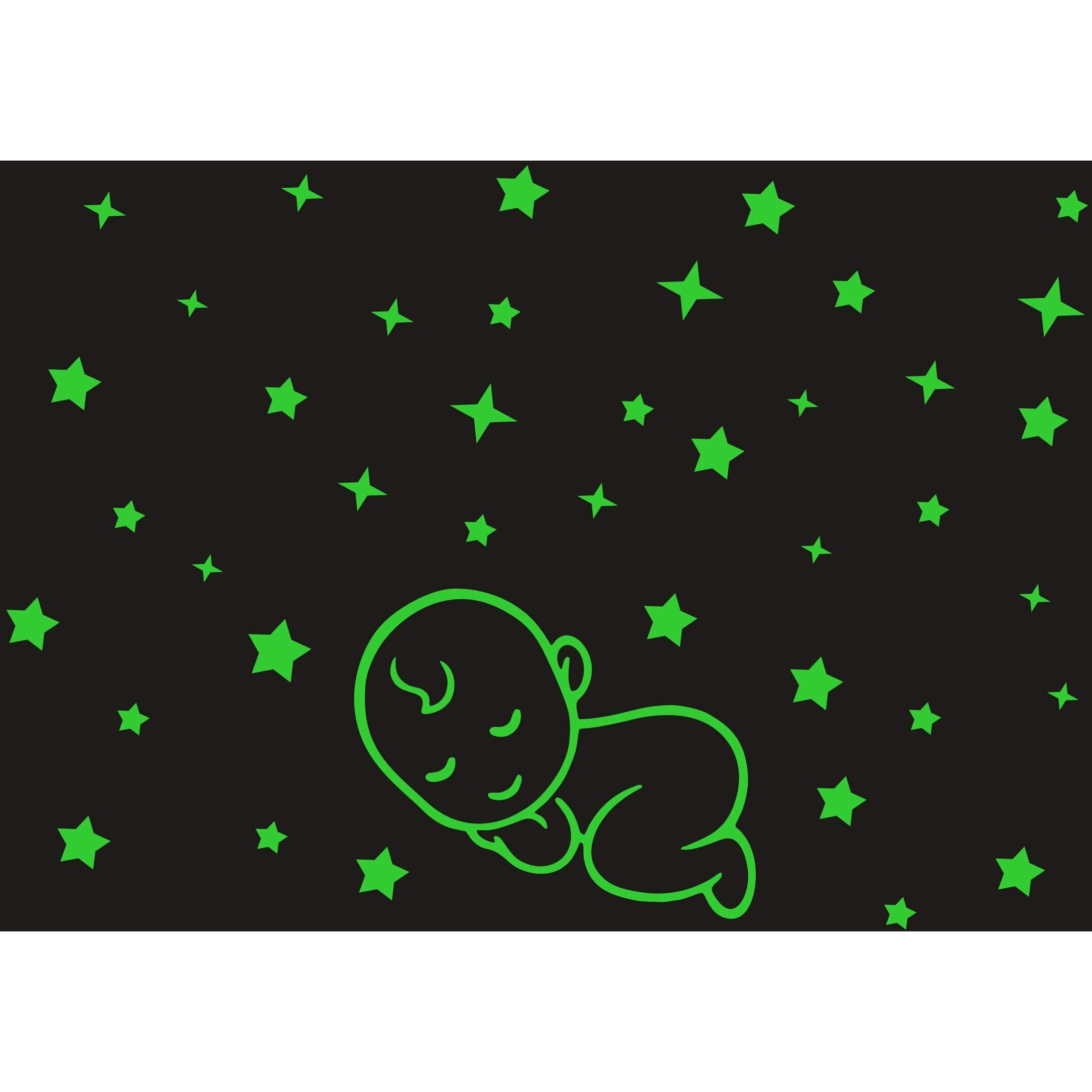 Monk Wish Baby Sleeping Under Star Glow In The Dark Decorative Radium Sticker (Green, 63X44Cm)  Stickers For Door Entrance, Home Decoration, Stickers