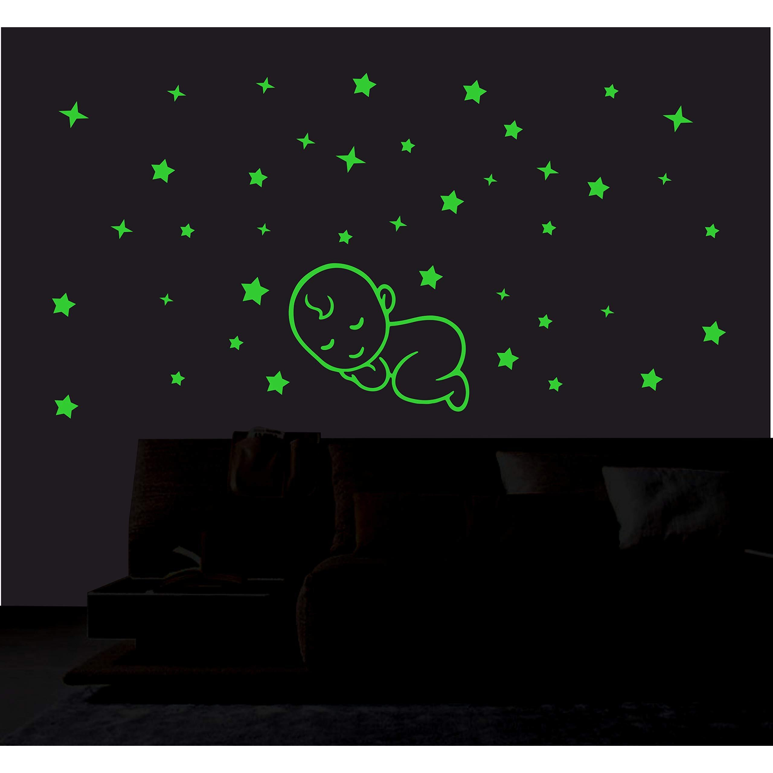 Monk Wish Baby Sleeping Under Star Glow In The Dark Decorative Radium Sticker (Green, 63X44Cm)  Stickers For Door Entrance, Home Decoration, Stickers