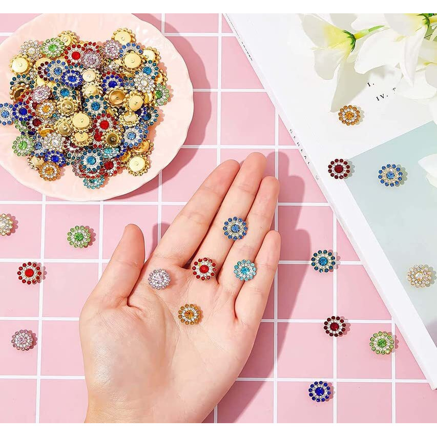 Diy Crafts 75 Pcs, Mix, Flower Buttons With Rhinestones Sew On Flower Embellishments 0.5 Inch Crystal Glass Beads Buttons Flatback Rhinestone Buttons For Jewelry Making Diy Craf (75 Pcs, Mix)