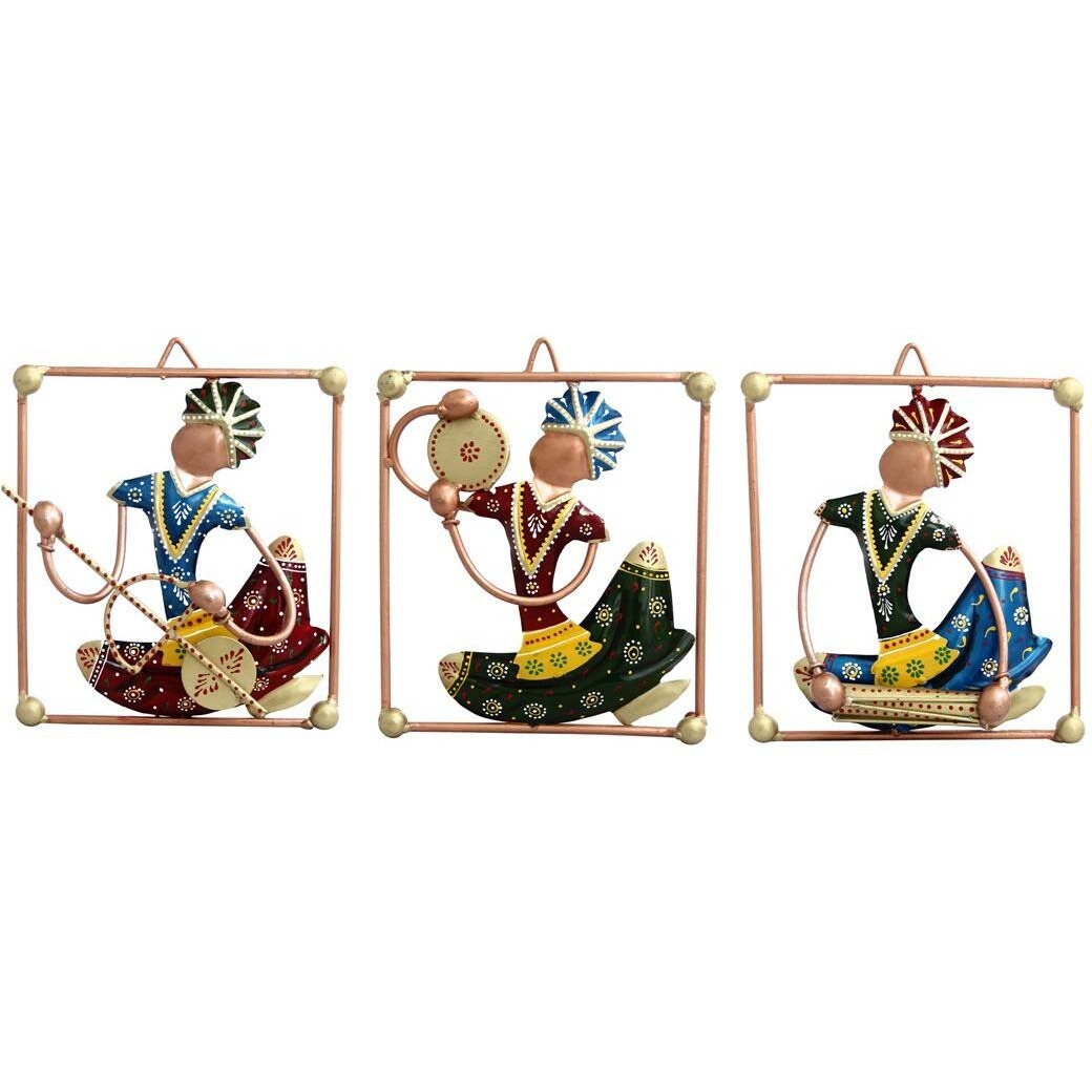 Handicrafts Paradise Wrought Iron Wall Art Tribal Musical Rajasthani Showpiece Multicolour 7 X 8 Inch Set Of 3 Pc