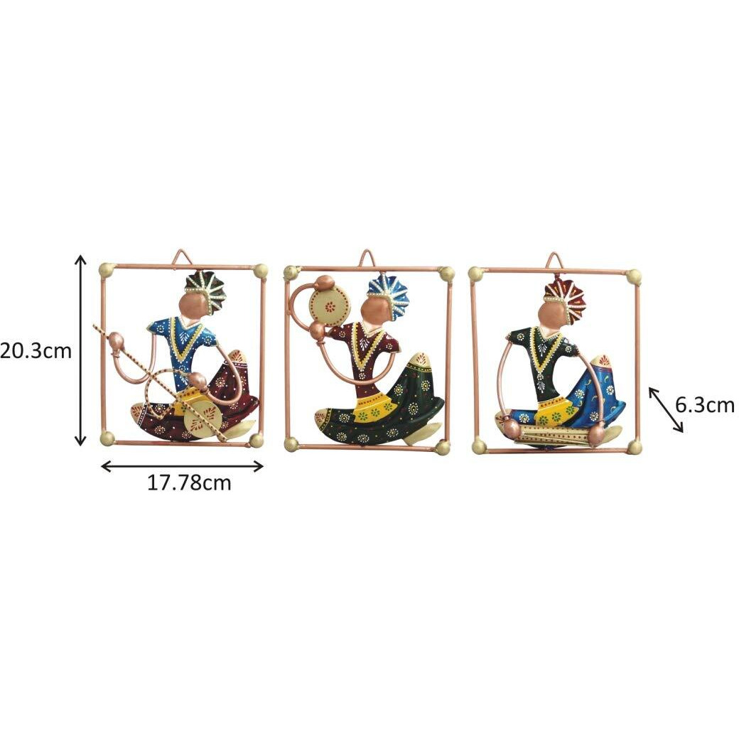 Handicrafts Paradise Wrought Iron Wall Art Tribal Musical Rajasthani Showpiece Multicolour 7 X 8 Inch Set Of 3 Pc