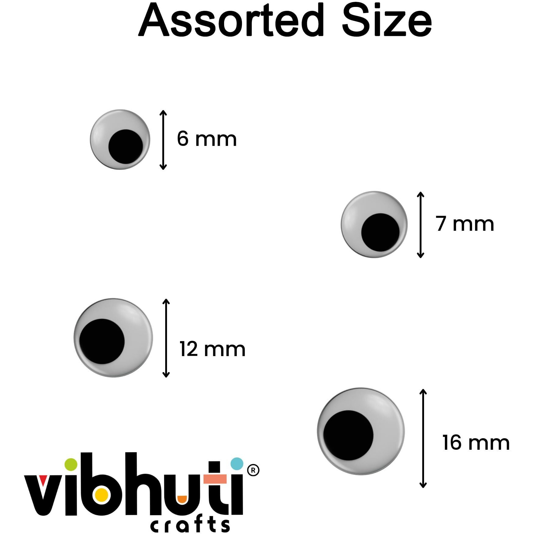 Ieididactics Kid Vibhuti Crafts Googly Eyes Assorted Sizes (Pack Of 100) - Wiggle Eyes For Arts & Crafts, Dolls, And Soft Toys - Easy To Stick Plastic Button Eyes - 6Mm, 7Mm, 12Mm, 16Mm