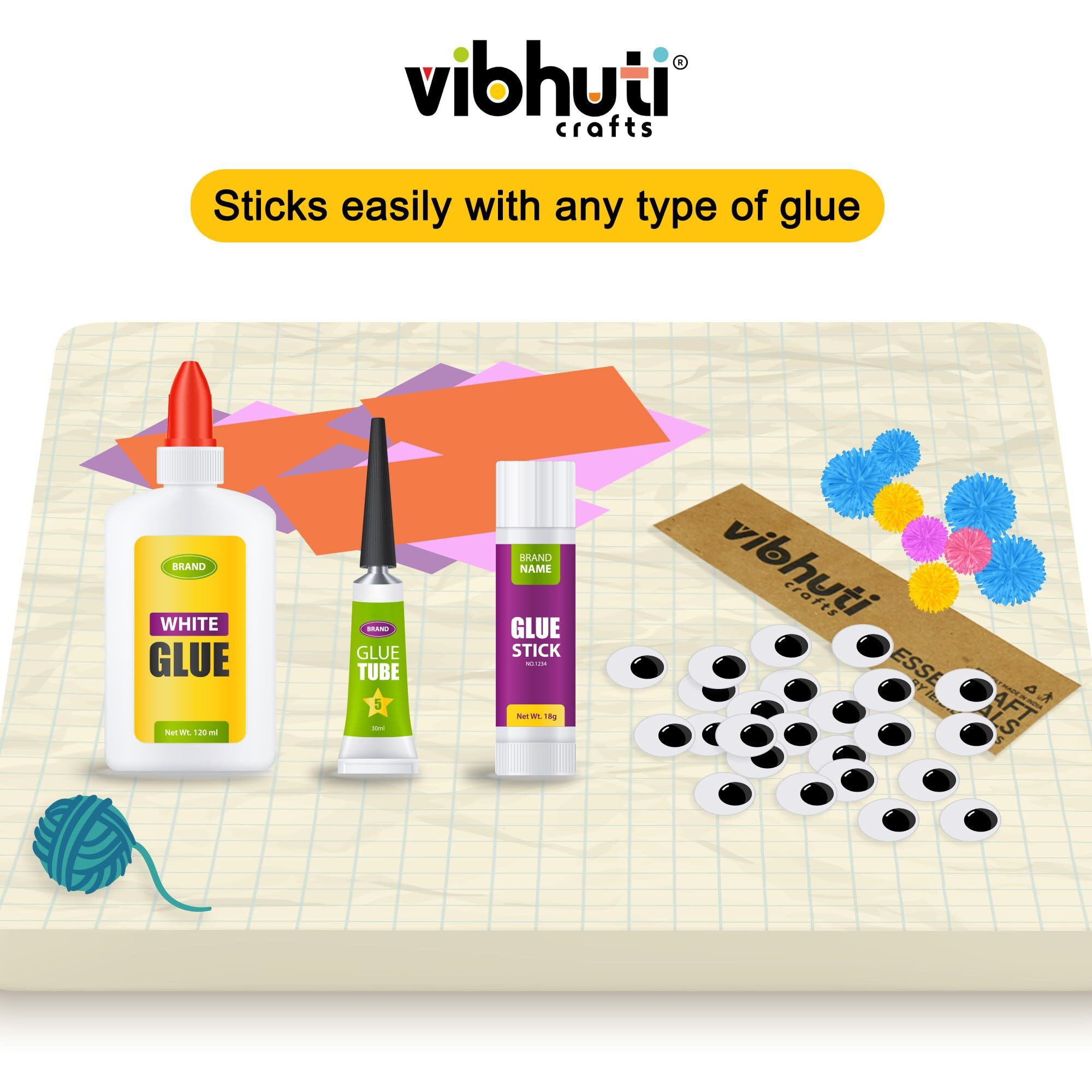 Ieididactics Kid Vibhuti Crafts Googly Eyes Assorted Sizes (Pack Of 100) - Wiggle Eyes For Arts & Crafts, Dolls, And Soft Toys - Easy To Stick Plastic Button Eyes - 6Mm, 7Mm, 12Mm, 16Mm