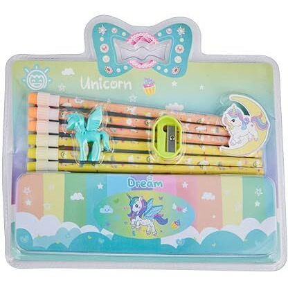 Gethome Unicorn Dream Stationery Pencil Set Combo With Metal Compass, 6 Colorful Pencils, Sharpener, Eraser For School Kids Fun And Functional School Supplies Stationary (Pack Of 1)