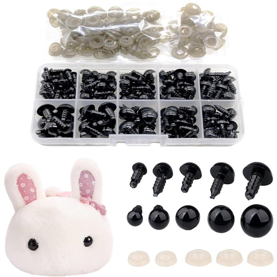 100Pcs Safety Eyes For Crochet, 6Mm/8Mm/9Mm/10Mm/12Mm Stuffed Crochet Eyes With Washers, Plastic Black Crochet Eyes, Crochet Safety Eyes For Teddy Bear, Crochet Toy, Stuffed Doll And Plush Animal