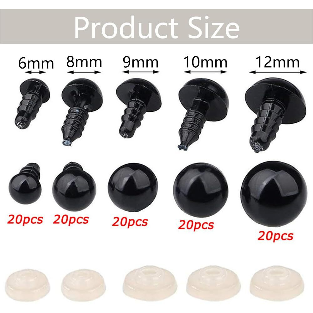 100Pcs Safety Eyes For Crochet, 6Mm/8Mm/9Mm/10Mm/12Mm Stuffed Crochet Eyes With Washers, Plastic Black Crochet Eyes, Crochet Safety Eyes For Teddy Bear, Crochet Toy, Stuffed Doll And Plush Animal