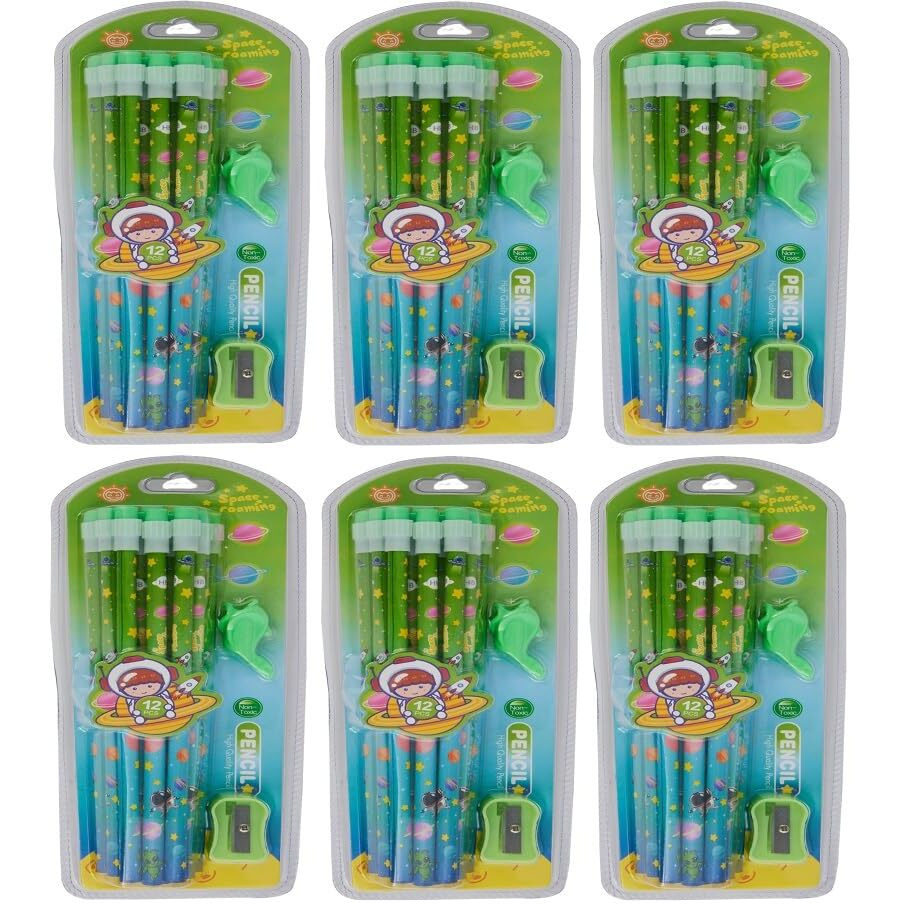 Gethome Space Roaming Theme 12 Pic Pencils Set With Attached Eraser With Sharpner And Grips (Pack Of 6)