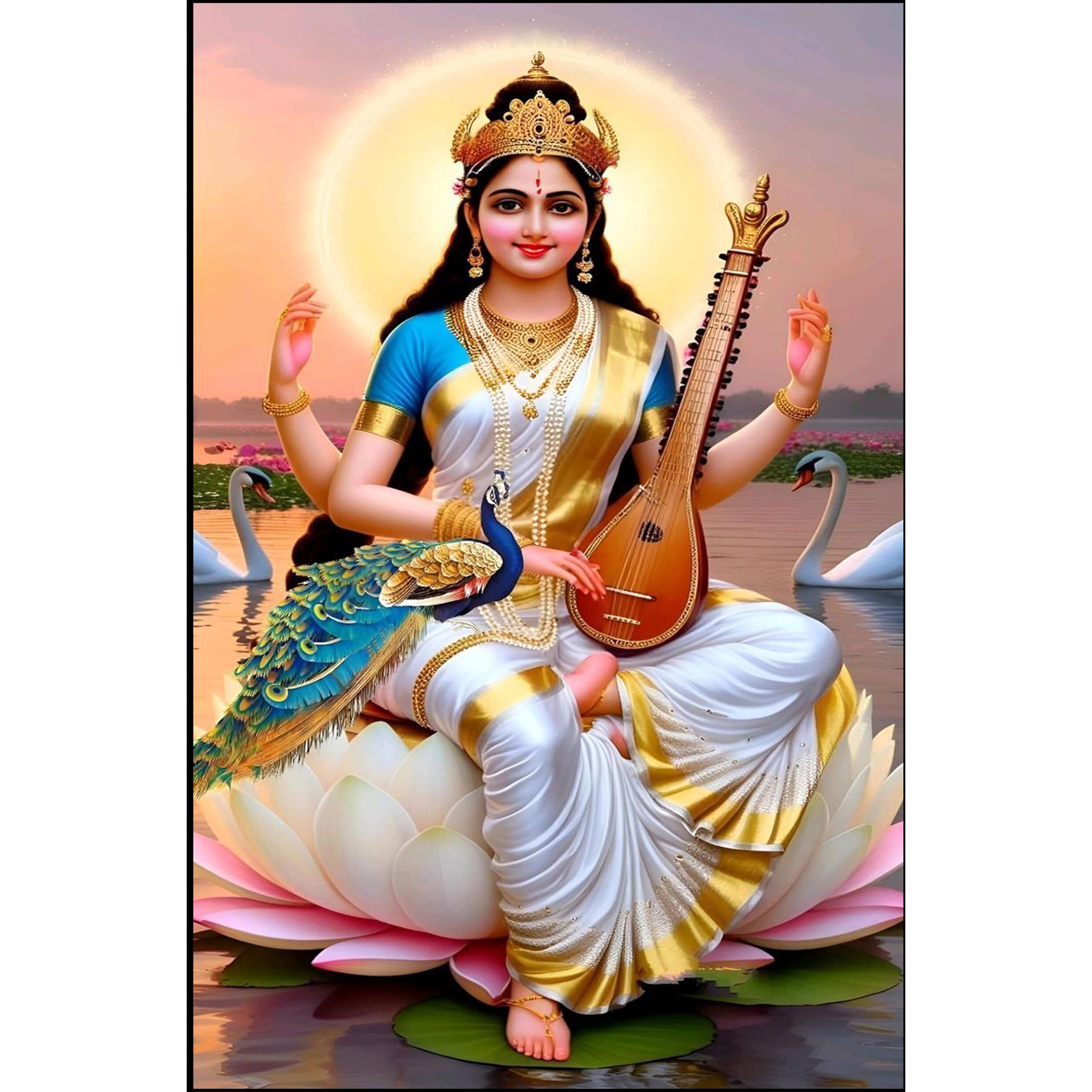 Krishna Photo Frame & Craft / Saraswati Maa Photo Frame Decorative Hindu Goddess Saraswati Wall Art Print, Religious Spiritual Artwork With Lotus And Peacock Design Size (12X8)