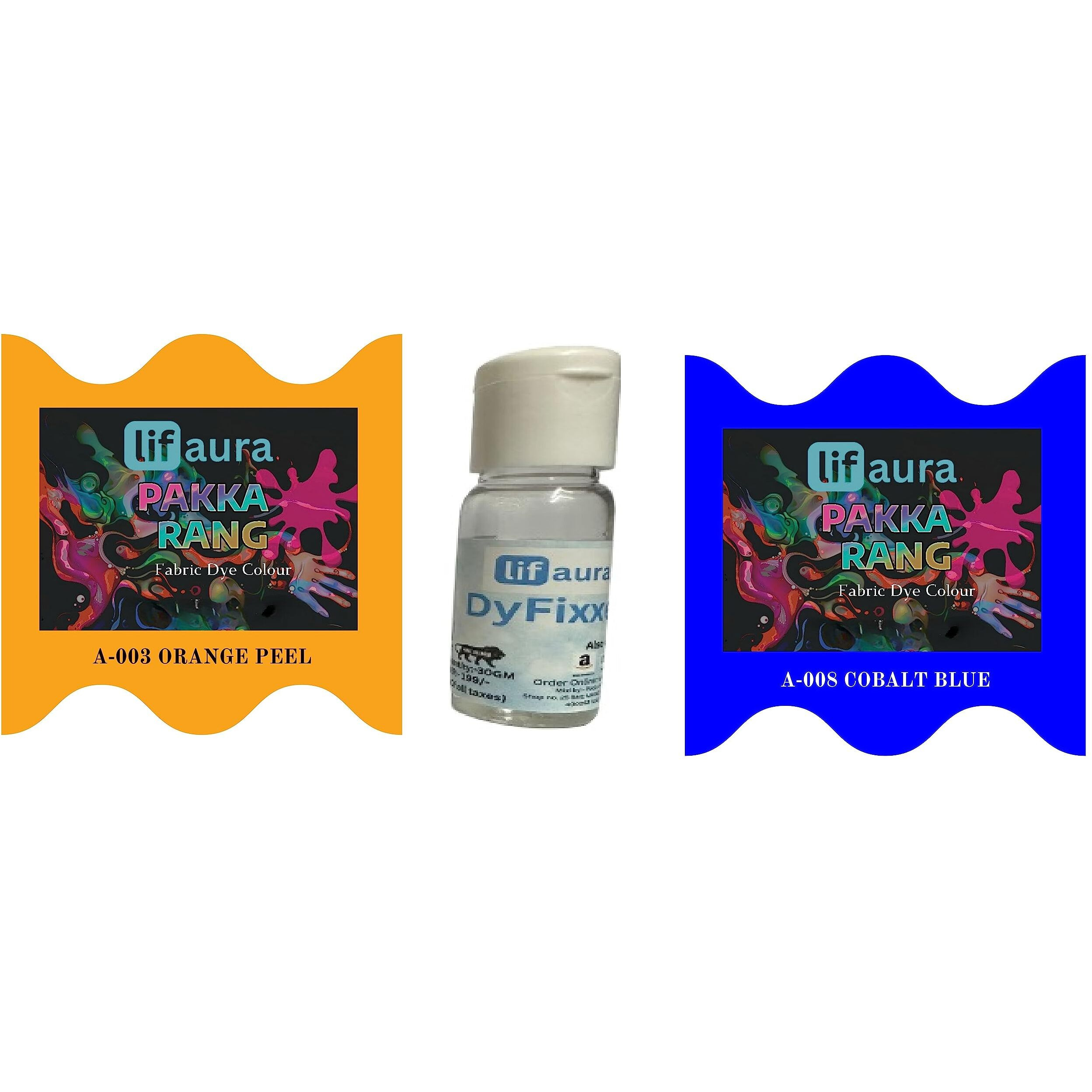 Prokart Lifaura Pakka Rang Fabric Permanent Dye Color Kit Pack Of 6 Sachets (5G Each 30G Pack) With 30G Dyfixershadea-003 Orange Peel03 & Blue08 Each Color 3 Sachets