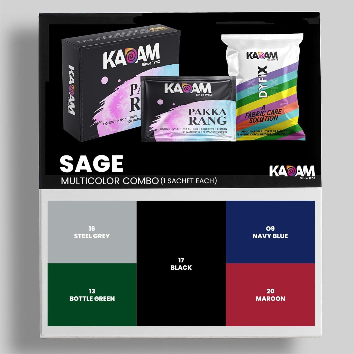 Kadam Pakka Rang Fabric Dye Multicolour | 25G Pack | Includes Dyfix Color Fixer | Permanent Fabric Dyes For Old Faded Jeans And Clothes (Combo 07 Sage)