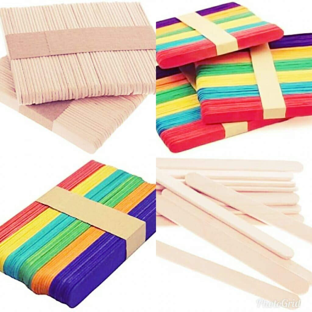 4Myl Wooden Ice Cream Popsicle Sticks For School Projects Pack Of 100 (50 Multicolour And 50 Wooden Coloured)