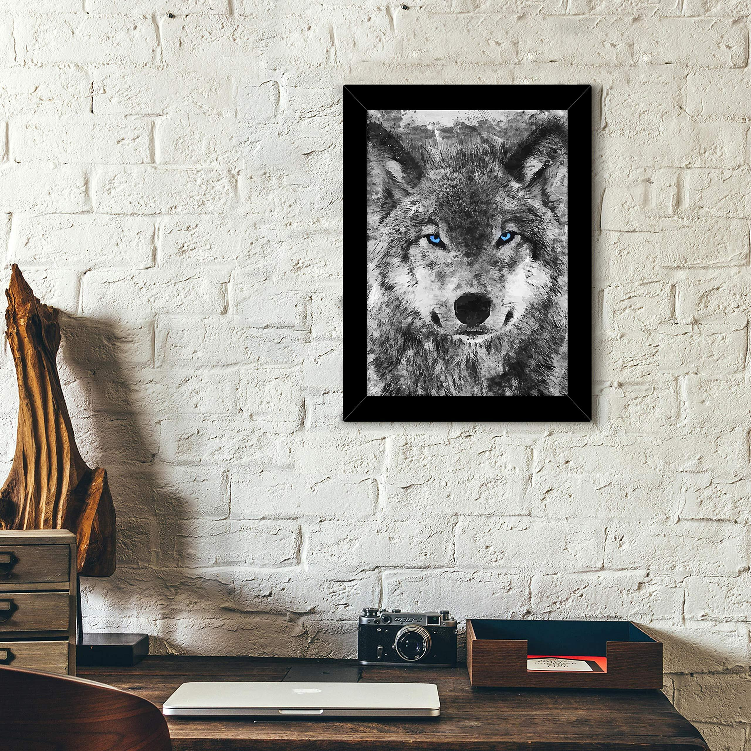 Tied Ribbons White Wolf With Blue Eyes Wall Decorative Hanging Art Illustration, Animal Lover Framed Poster For Kids Room Boys Room Hall Living Room Bedroom Restaurants, Cafes And Home Decor