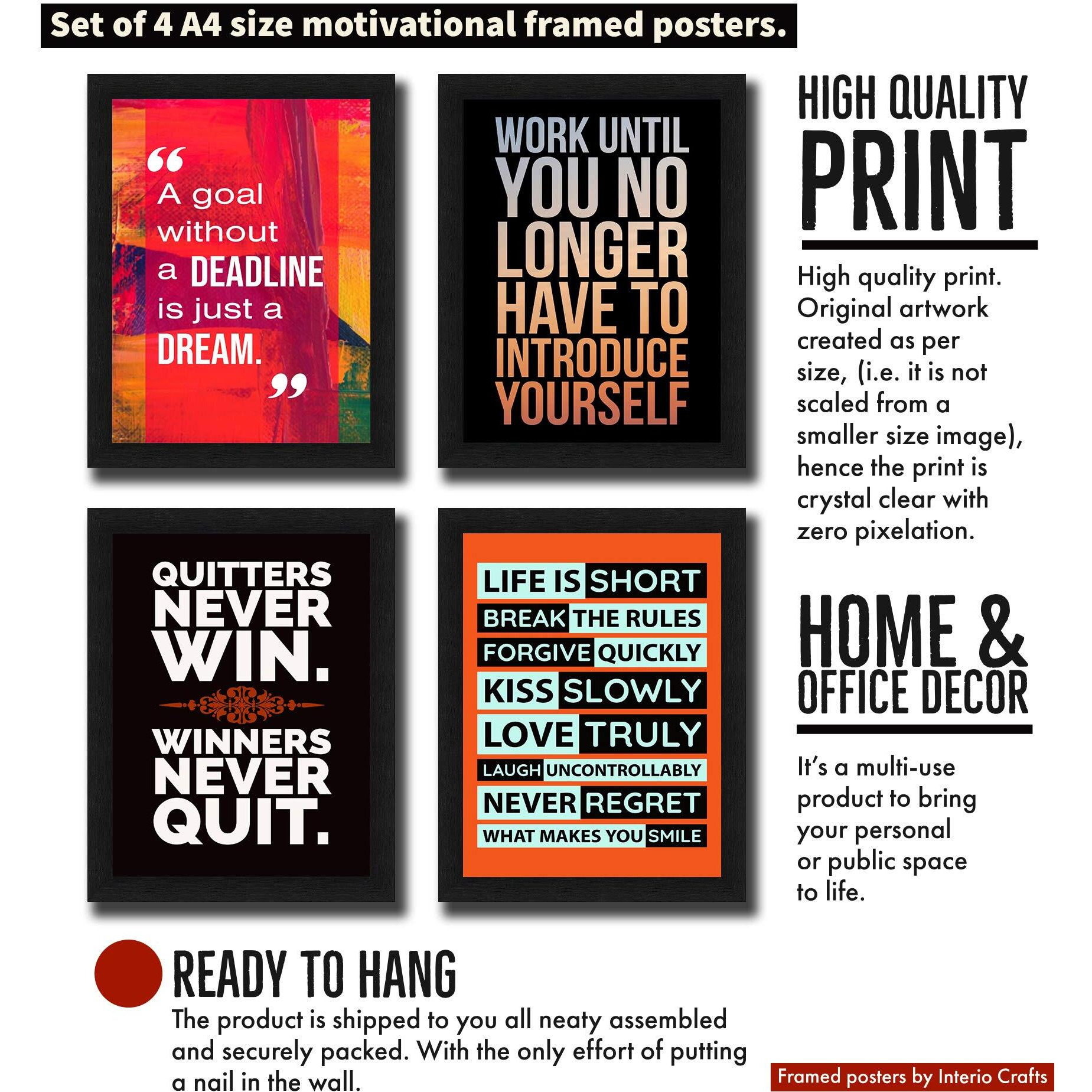 Interio Crafts Motivational Quotes Wall Frames - Inspirational Wall Art For Office, Home, Or Classroom  Positive Mindset Decor - 13&quotX10" Inches,Black - Pack Of 4