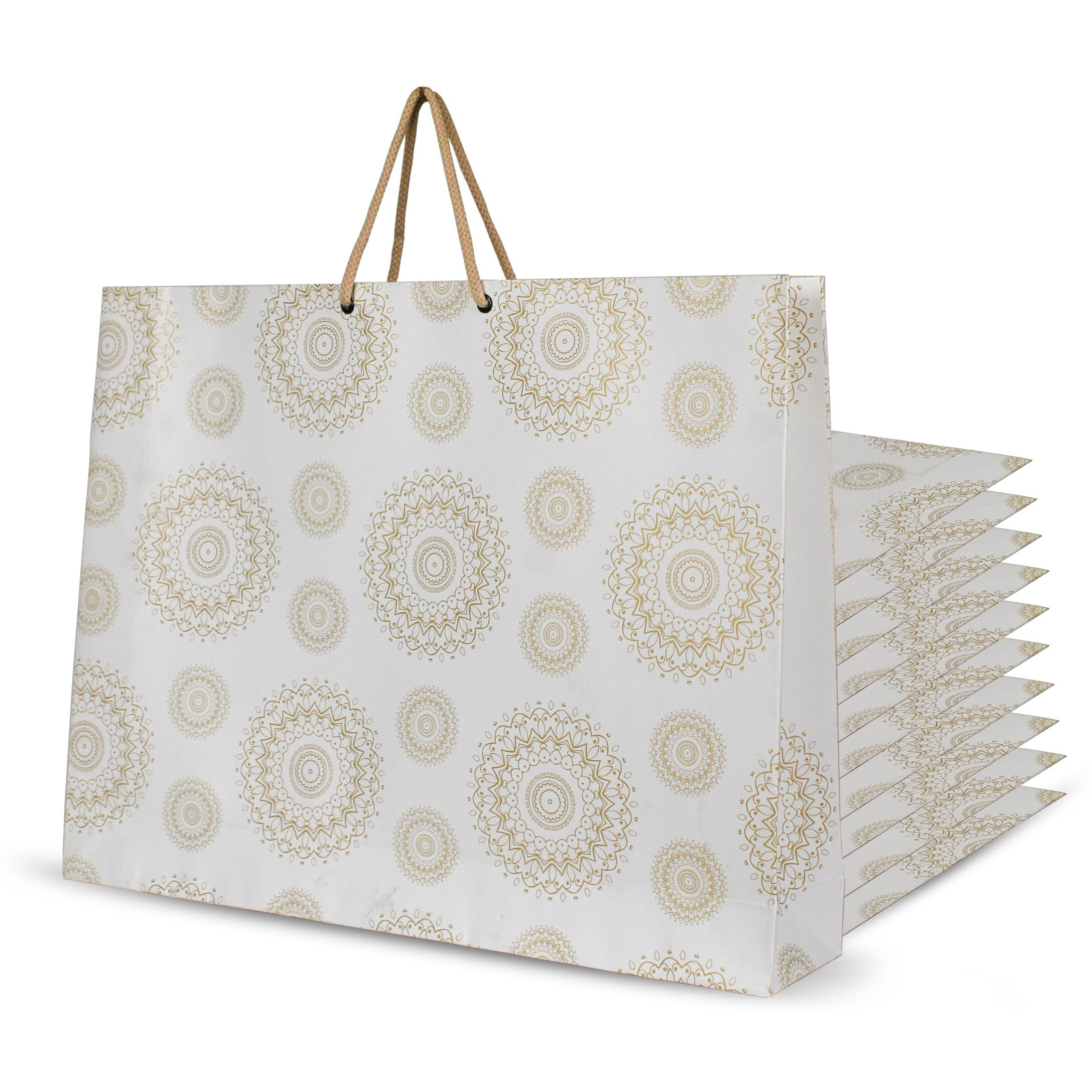 Kosy Pack Of 10 Gift Carry Bag | Eco-Friendly Recycle Printed Paper Bag For Gifting | Extra Large Gift Bag 45X10X35 Cm | Carry Bag For Gifting Gold Mandala Print Design