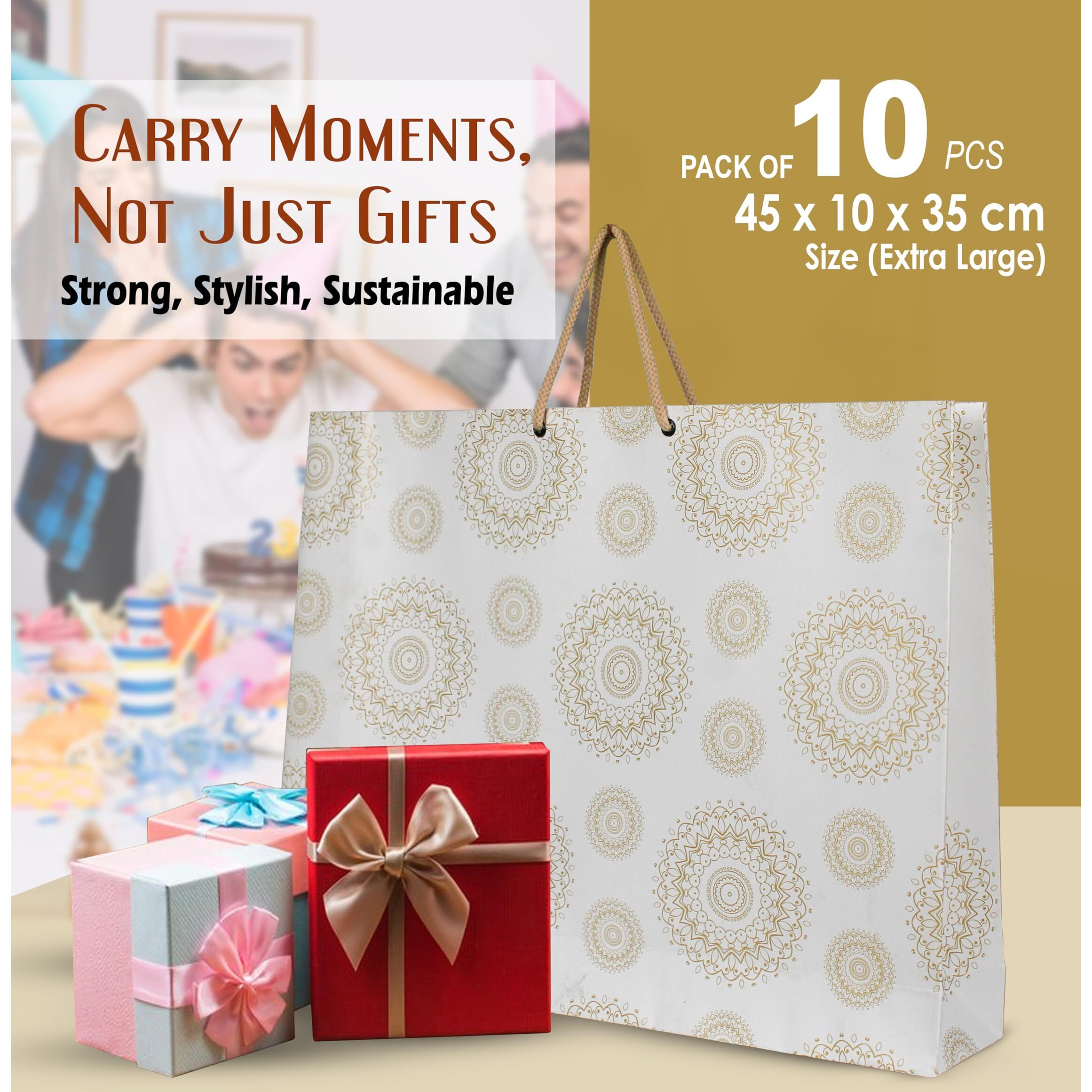 Kosy Pack Of 10 Gift Carry Bag | Eco-Friendly Recycle Printed Paper Bag For Gifting | Extra Large Gift Bag 45X10X35 Cm | Carry Bag For Gifting Gold Mandala Print Design