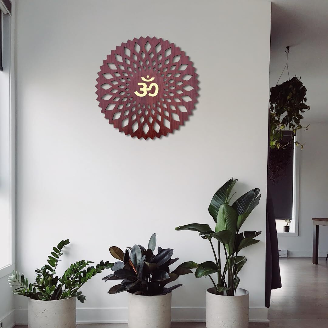 Gloridec Wooden Om Wall Hanging | Laminated Engineered Wood With Golden Om | Spiritual Wall Art For Home, Office & Temple | Home Decor Gift Item (12X12 Inch)