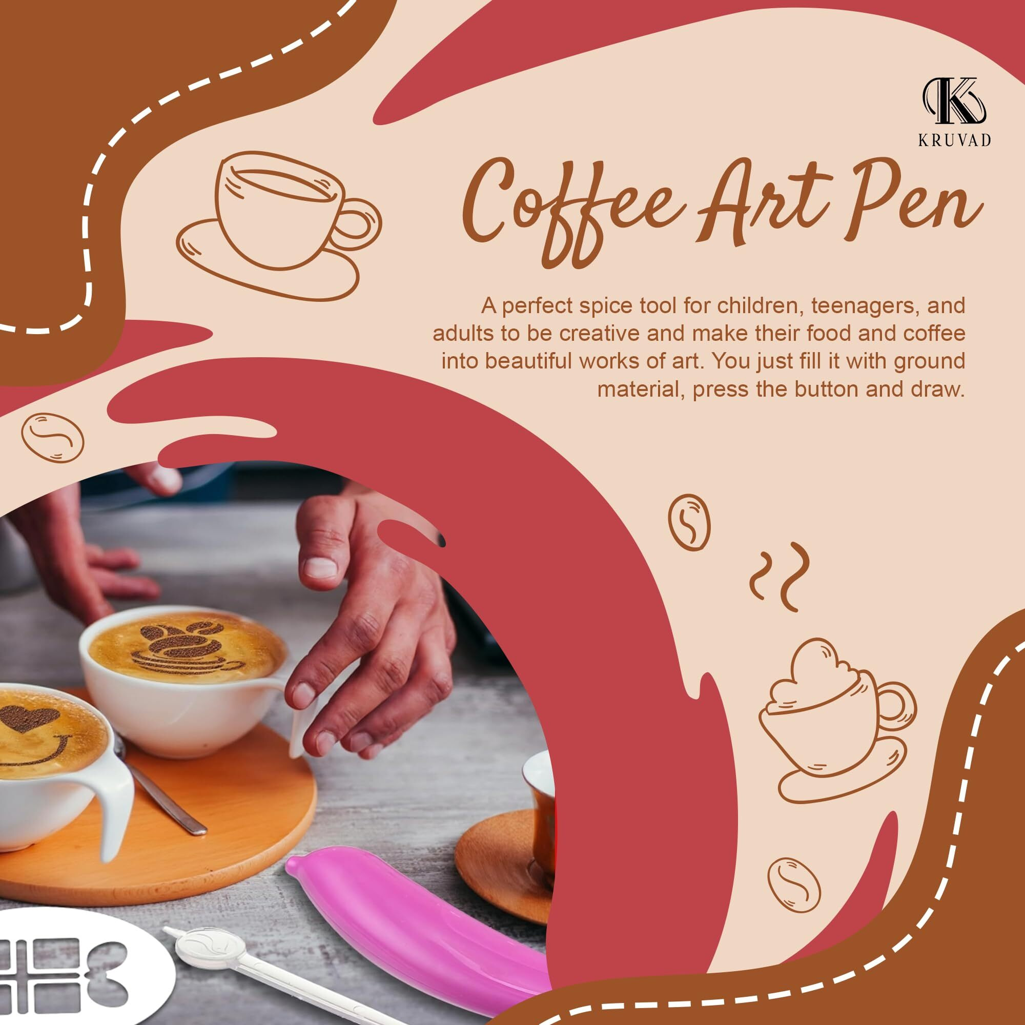 Kruvad Electric Spice Pen Coffee Art Pen For Latte & Food Art Make Creative Messages & Drawings With Coffee Ground Designer Latte Art Pen Coffee Decoration Tool [14X3X1 Cm]