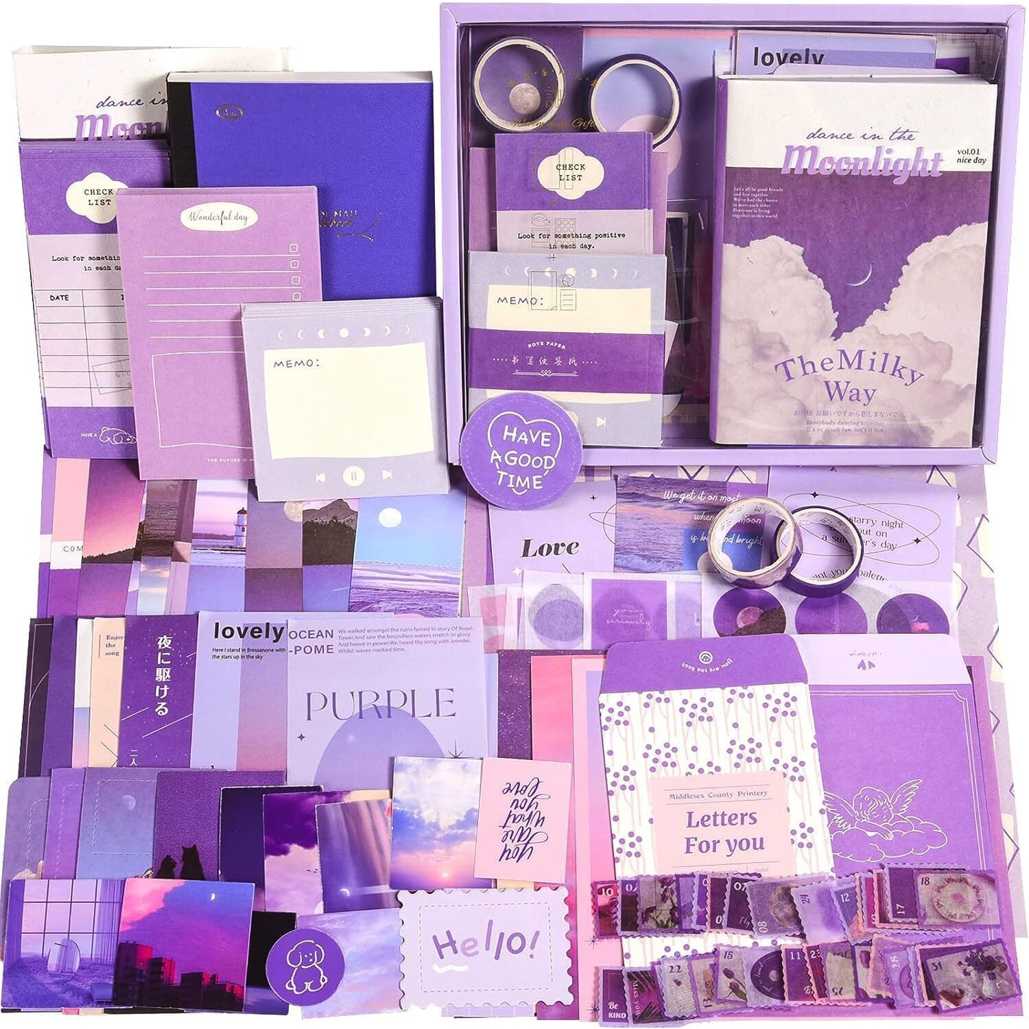 Pryfil 346Pcs Vintage Journal Scrapbook Pack Kit For Art Journaling Bullet, Planners Diy Paper Stickers, Craft Kits Notebook, Collage Album Aesthetic Sticker (Moonlight, Purple)