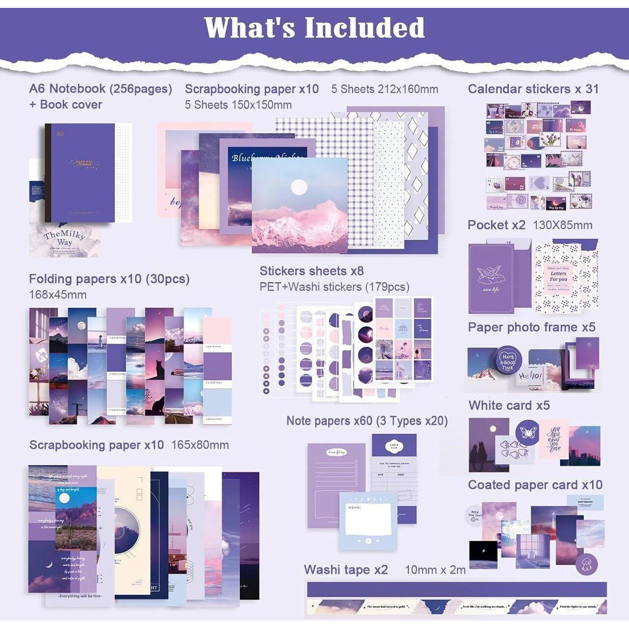 Pryfil 346Pcs Vintage Journal Scrapbook Pack Kit For Art Journaling Bullet, Planners Diy Paper Stickers, Craft Kits Notebook, Collage Album Aesthetic Sticker (Moonlight, Purple)