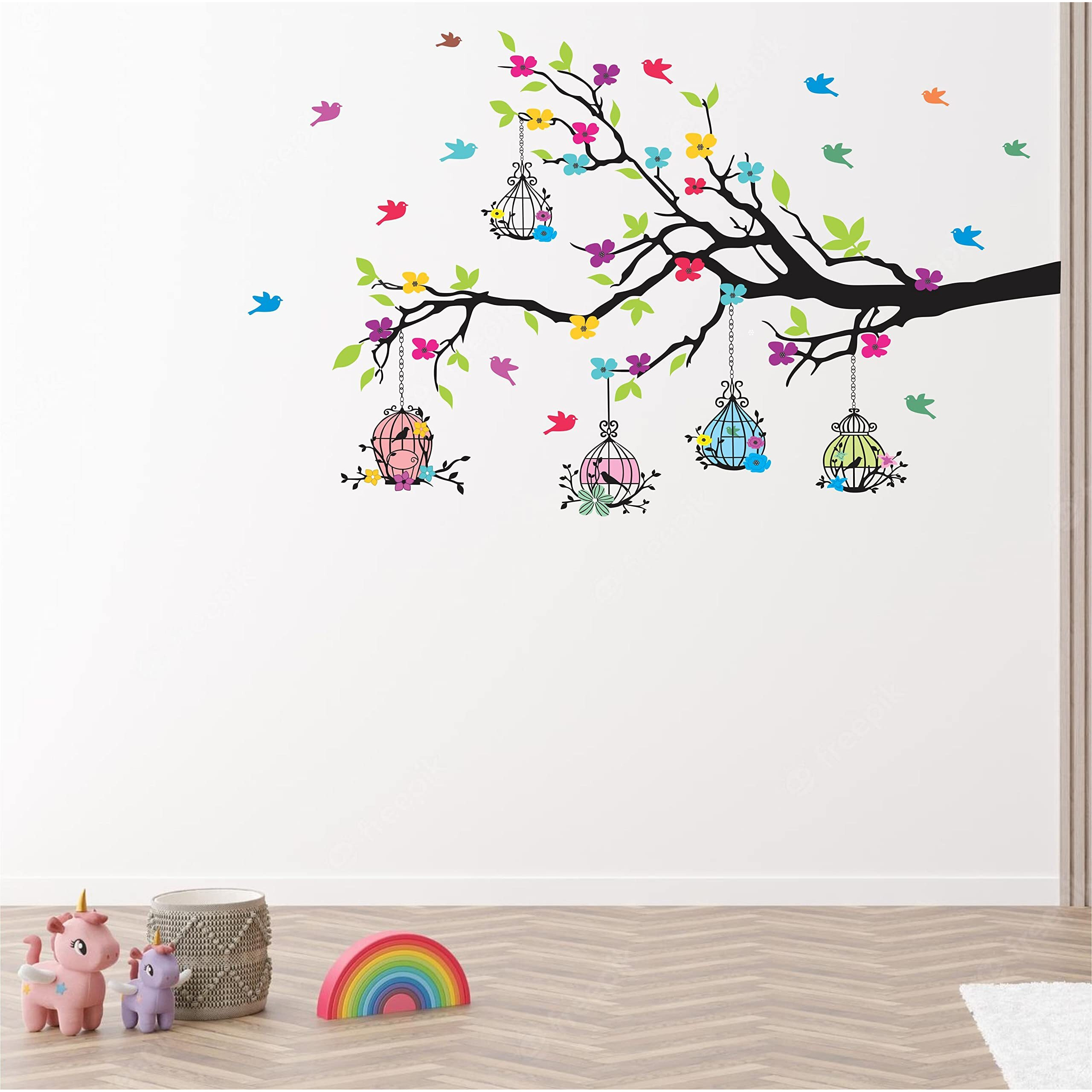 Dreamkraft Tree And Flowers Multicolour Vinyl Size 80 Cm X 127 Cm Wall Sticker