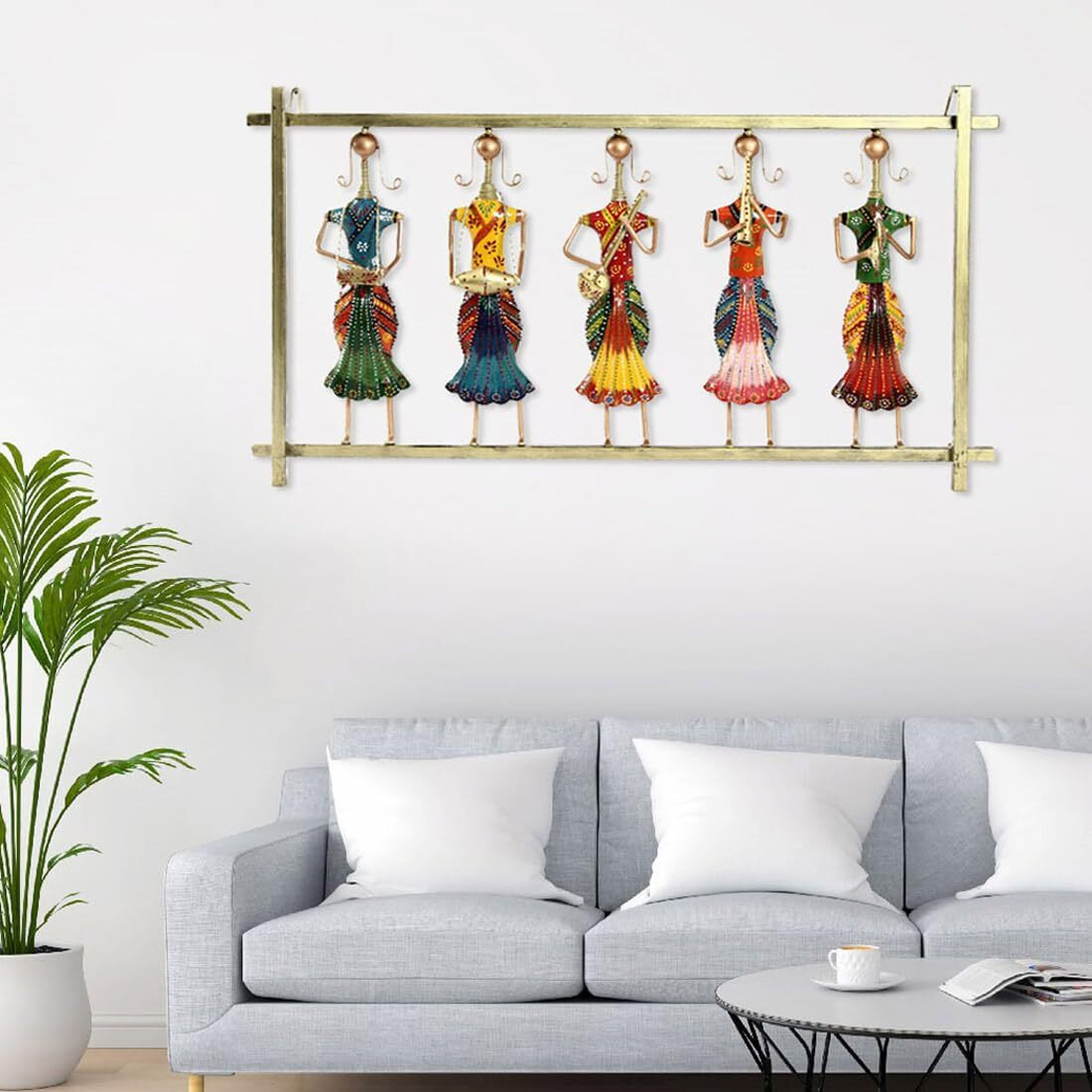 Handicrafts Paradise Wrought Iron Rajasthani Musical Lady Doll Set Wall Art For Home Decor 25 X 14 Inch (Multicolor)