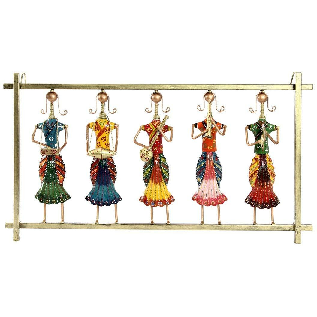 Handicrafts Paradise Wrought Iron Rajasthani Musical Lady Doll Set Wall Art For Home Decor 25 X 14 Inch (Multicolor)