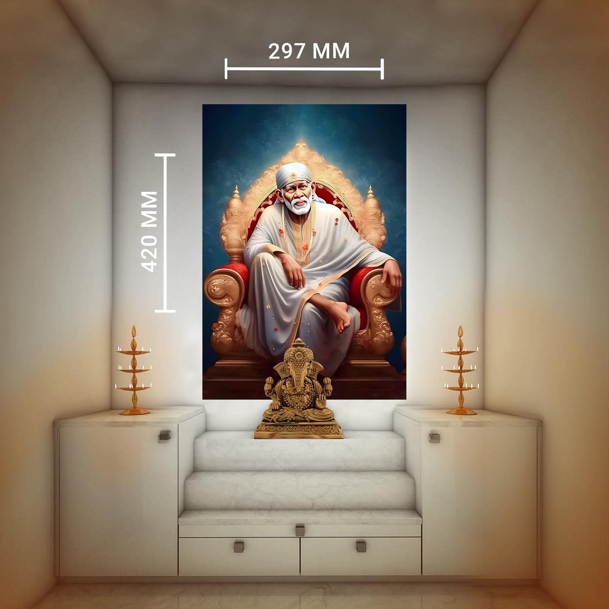Shirdi Saibaba Photo Poster | Om Shree Sai Baba Devotional Sticker For Wall | Jai Sai Ram Spiritual Wall Decor | Lord Saibaba Wall Poster For Pooja Room, Living Room, Kids Room