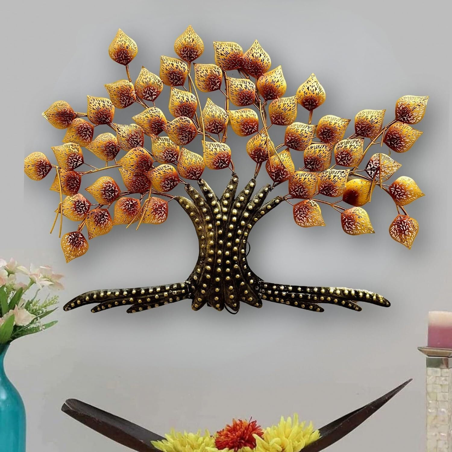 Anshika International Metal Tree Wall Art With Led Lights, Gold Leaves Wall Decor, 3D Tree Of Life Wall Sculpture For Size- 36 * 2 * 25 Inch