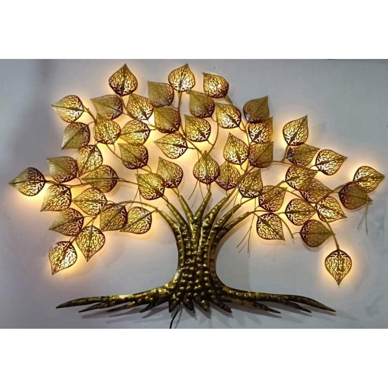 Anshika International Metal Tree Wall Art With Led Lights, Gold Leaves Wall Decor, 3D Tree Of Life Wall Sculpture For Size- 36 * 2 * 25 Inch