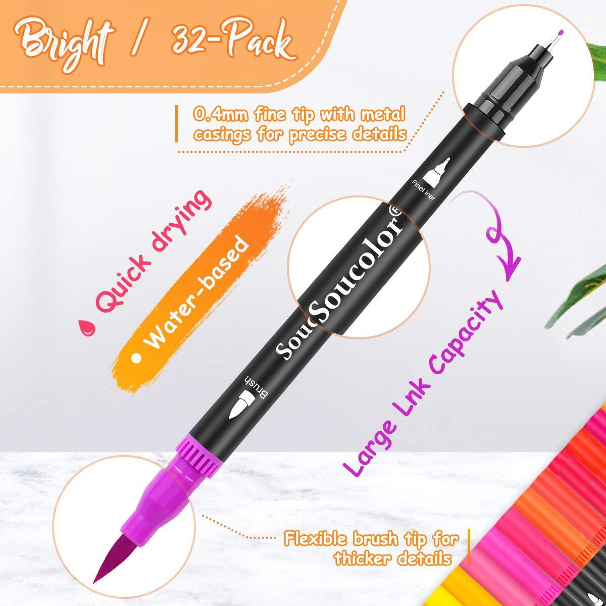 Soucolor Artist Brush Markers Pens For Adult Coloring Books,32 Colors Dual Tip(Brush&Fineliner)Art Marker Pen For Note Taking Planner Hand Lettering Calligraphy Drawing Writing Sketching Journaling