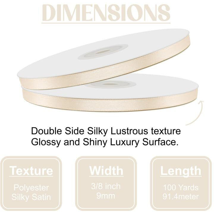 Townbus - 9Mm Ivory | 100 Yards | Double Face Satin Polyester Ribbon | Fabric Tape For Gift Wrapping,Scrapbooking, Flower Bouquet, Arts And Crafts, Diys