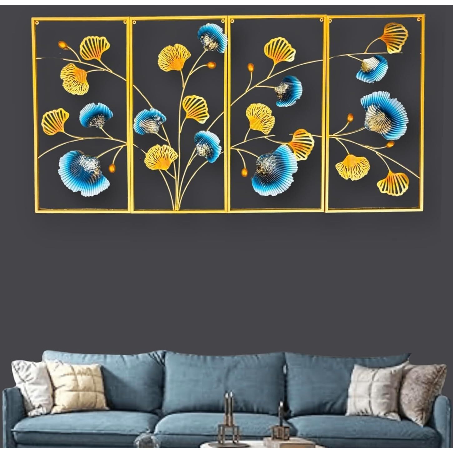 Rsn Metal Wall Art Decor, 4-Panel Floral Design With Blue And Yellow Flowers, Contemporary Home Decorative Wall Panels