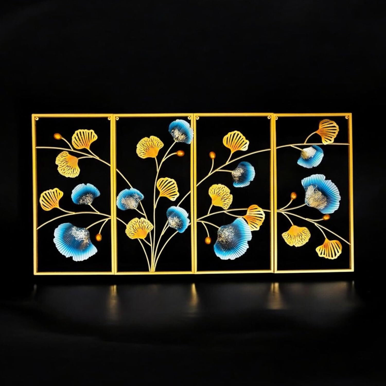 Rsn Metal Wall Art Decor, 4-Panel Floral Design With Blue And Yellow Flowers, Contemporary Home Decorative Wall Panels