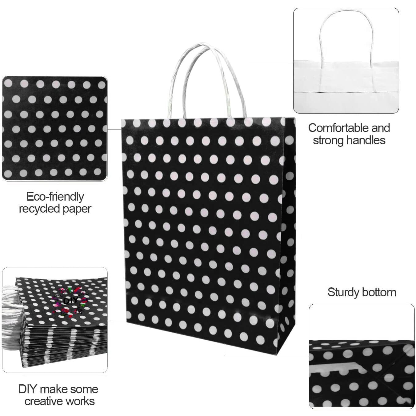 Aakriti Paper Rakhi Gift Bags With Handles Polka Dot Paper Party Favor Bags For Kids Birthday Baby Shower Wedding Festivals Holiday Party Gift Bags Polka Dot Black (10 X8X3 Inch Pack Of 25, Black)