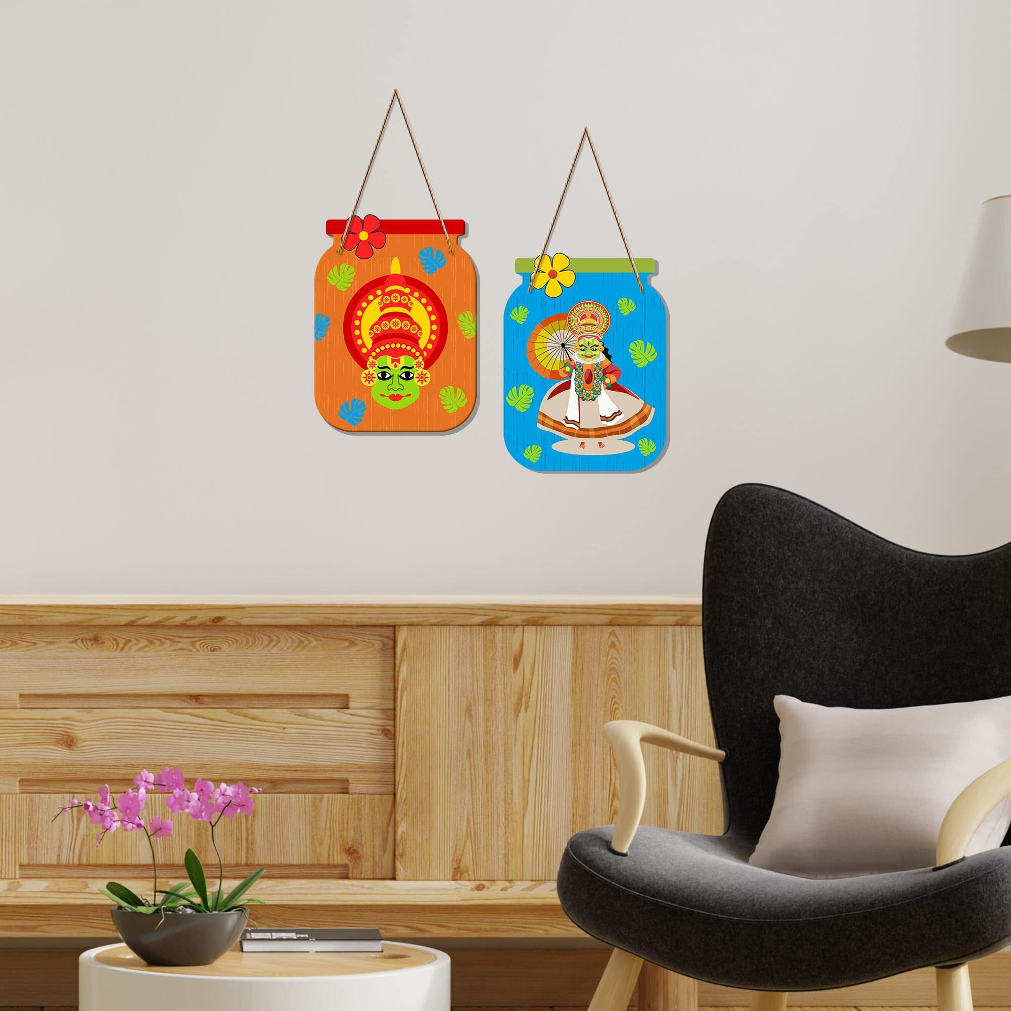 Artvibes Kathakali Decorative Wall Art Mdf Wooden Wall Hanger For Living Room | Bedroom | Office | Gift | Wall Hanging For Home Decoration | Home Decor Items (Wh_6813N), Set Of 2