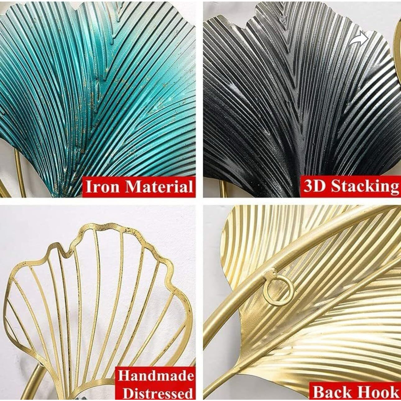 Rsn Metal Metal Leaf 3-Panel Wall Art, Turquoise And Gold Ginkgo Leaves Design, Decorative Wall Hanging For Living Room